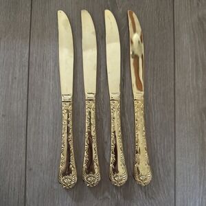 Set Of 4 Golden Enchanted Rose Unmarked Gold Plated Solid Dinner Knives Flatware